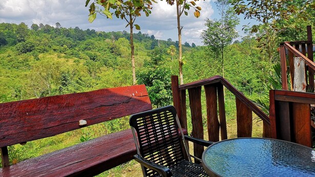 Un banco de madera y una silla de metal con una mesa de vidrio, con vistas a un paisaje verde exuberante.