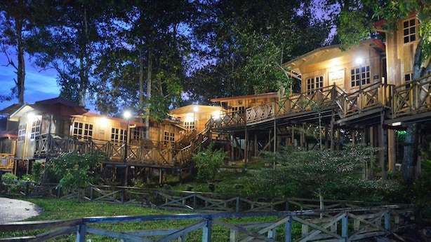 A wooden cabin-style hotel with multiple levels and a wooden deck, surrounded by trees and a stone wall. - Borneo Tree House (Kota Kinabalu)