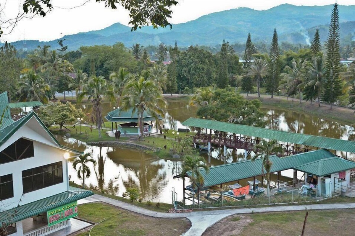 A hotel with a green roof, a dock, and a pond surrounded by palm trees and greenery.