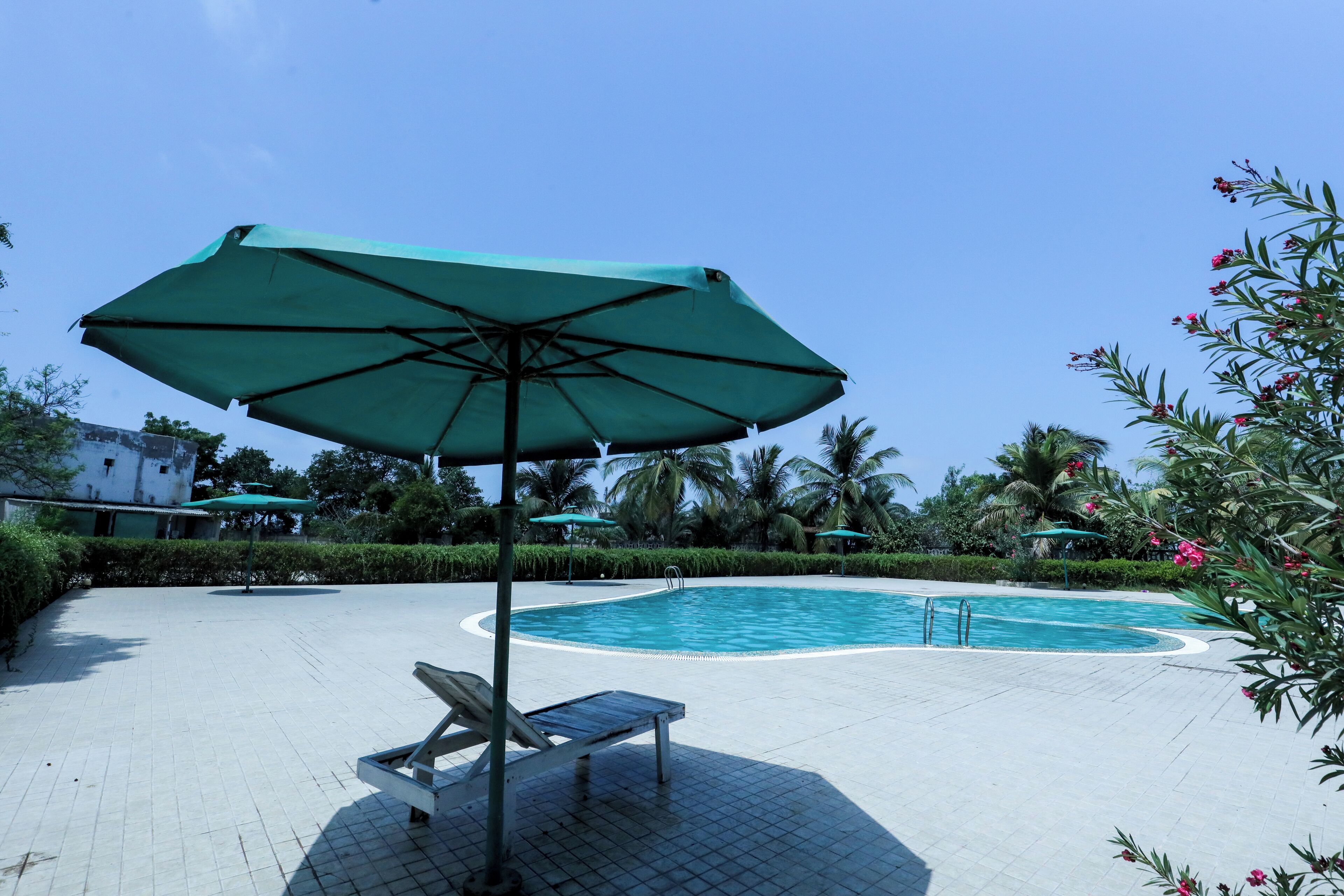 Una piscina con un borde de baldosas, una silla de descanso y una sombrilla verde.