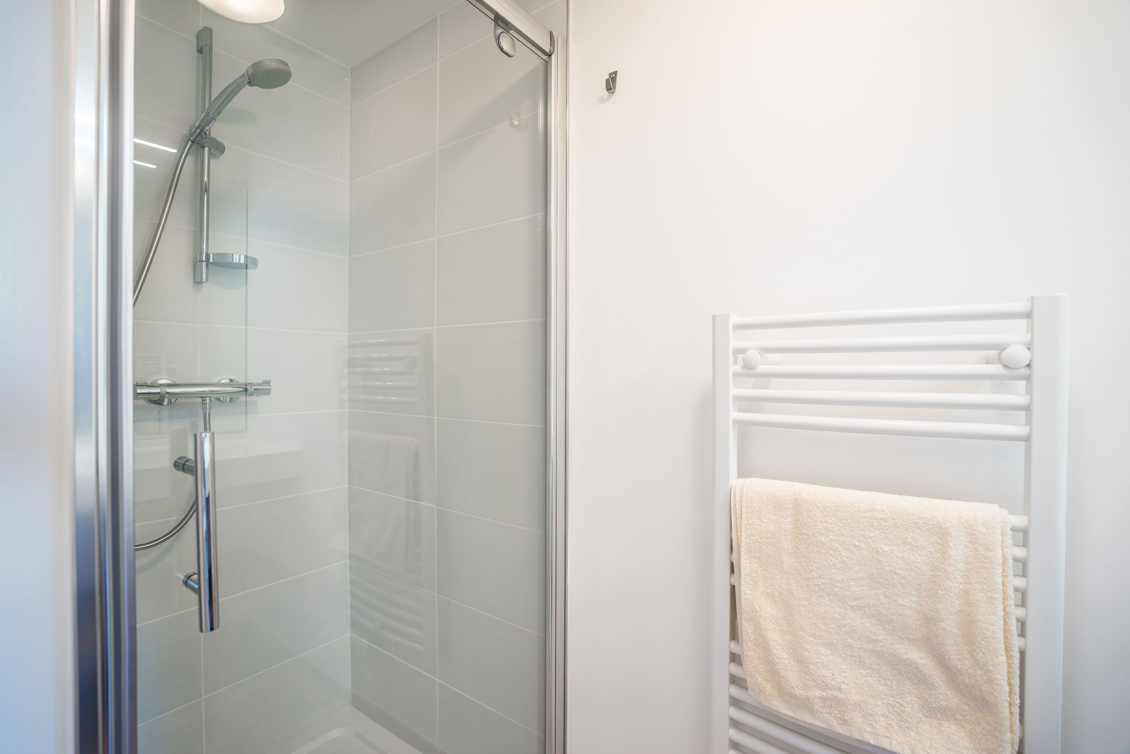 A modern bathroom with a glass shower enclosure, a white towel rack, and a glass door.
