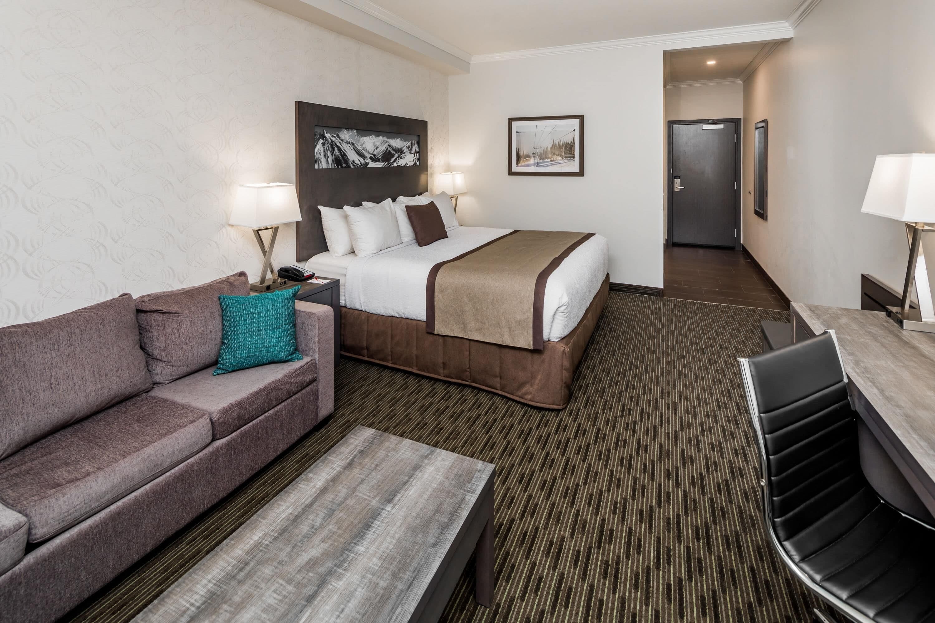 A hotel room with a bed, a sofa, a desk, and a chair.