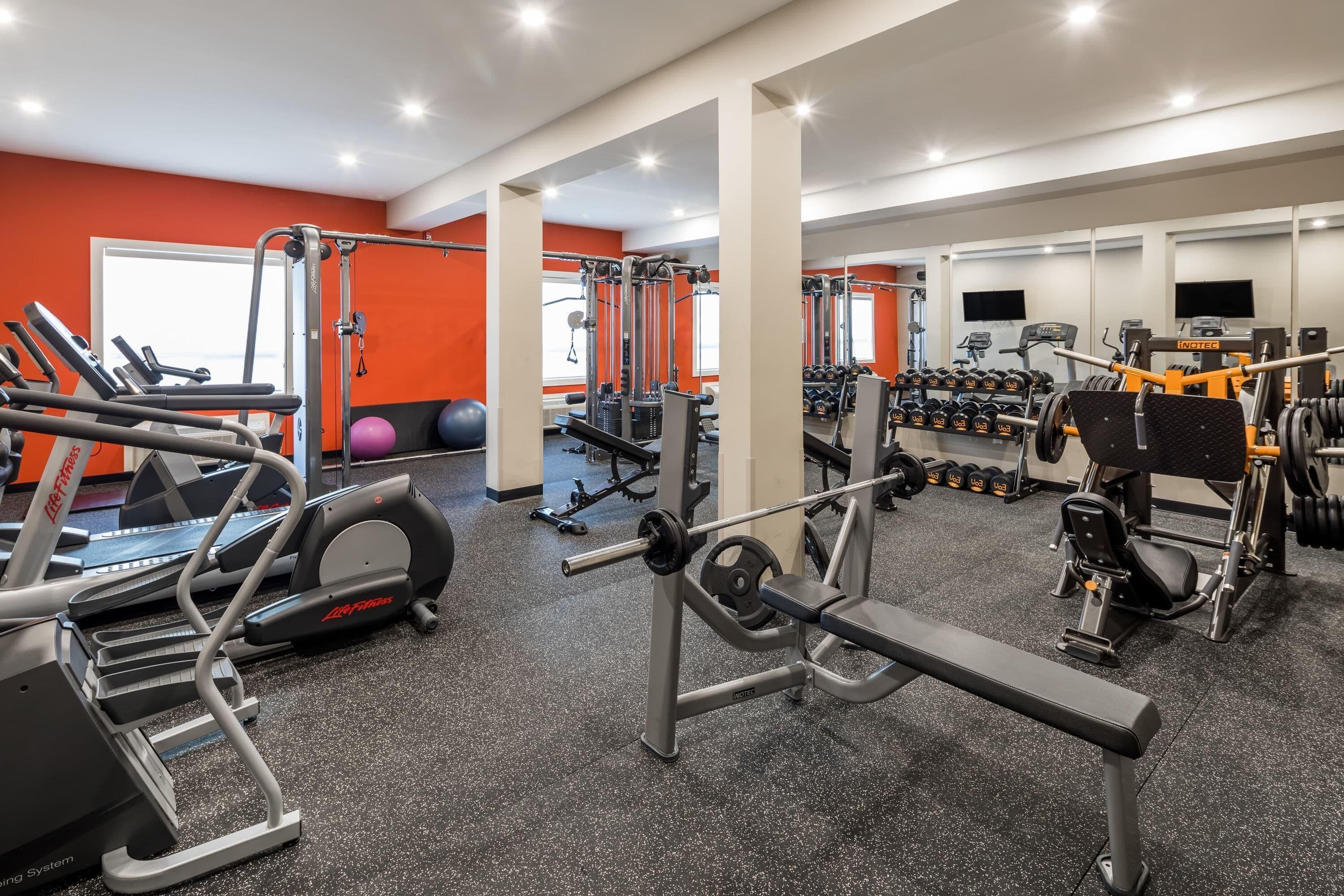 A gym with treadmills, weight machines, and dumbbells.