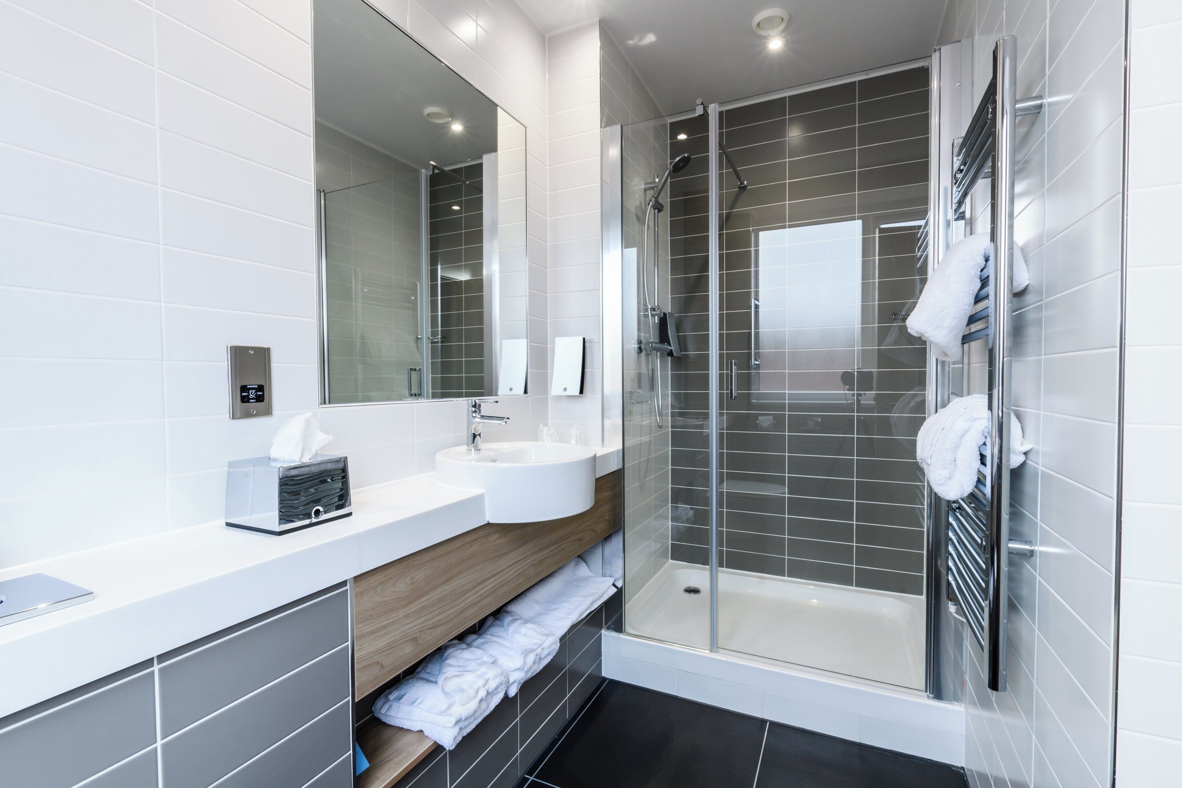 A modern bathroom with a glass-enclosed shower, a white sink, and a mirror above the vanity.