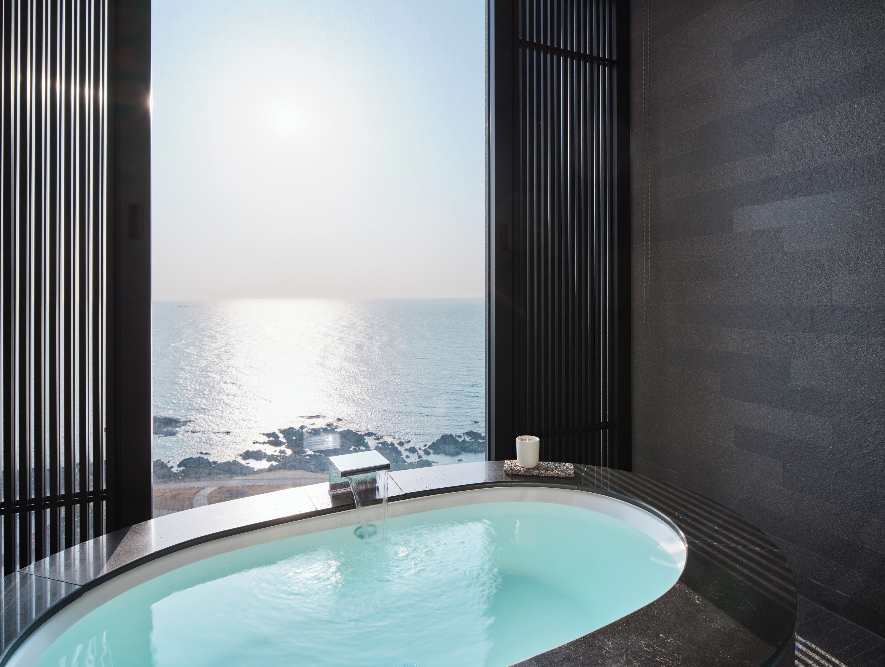 Separate tub and shower, deep soaking tub, designer toiletries