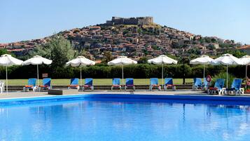 Outdoor pool, pool umbrellas, pool loungers