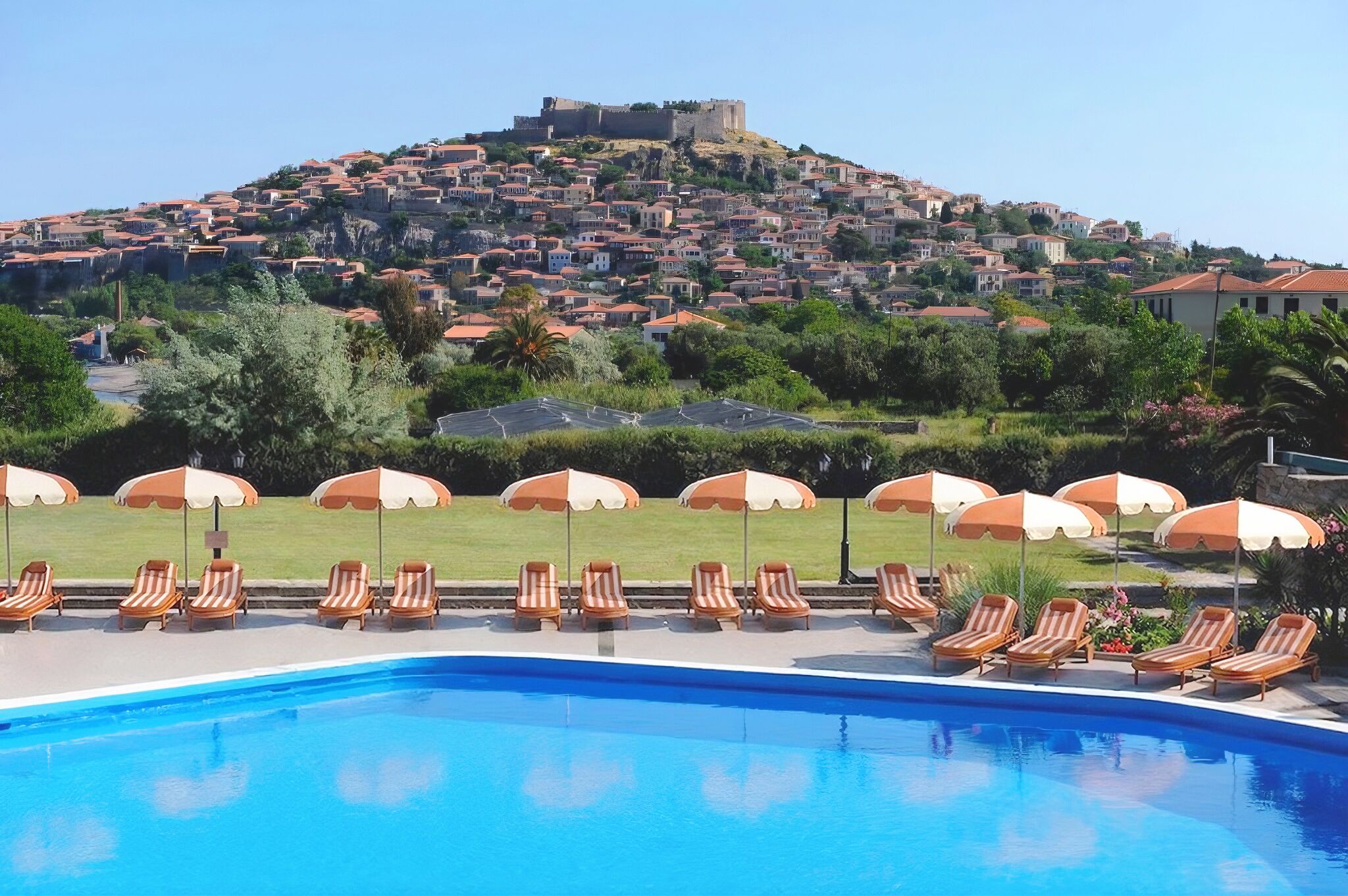 Outdoor pool, pool umbrellas, pool loungers