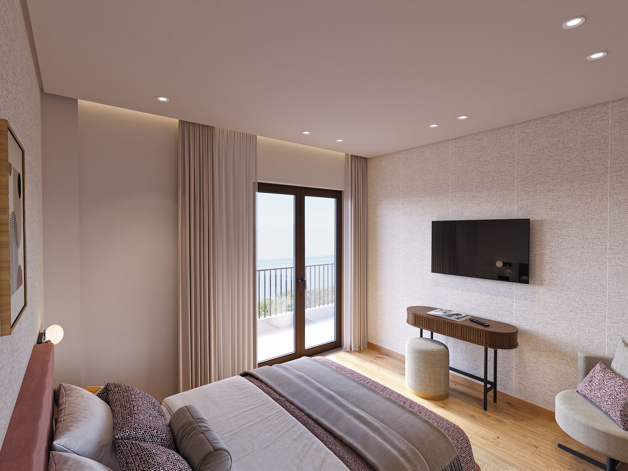 A modern hotel room with a large bed, a desk, a television, and a balcony with a view.