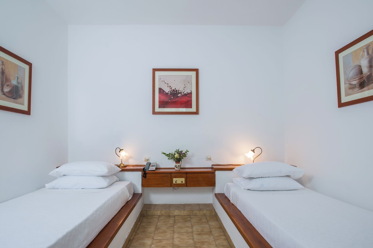Una habitación con dos camas individuales, una mesita de noche de madera con teléfono, un florero con flores y cuadros en las paredes.