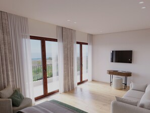 Family Suite | Living room | 32-inch LCD TV with satellite channels, TV - Hotel Delfinia (Lesvos)