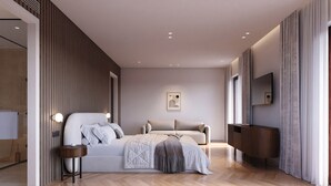 A modern bedroom with a bed, a sofa, a bedside table, a TV, and a large window.