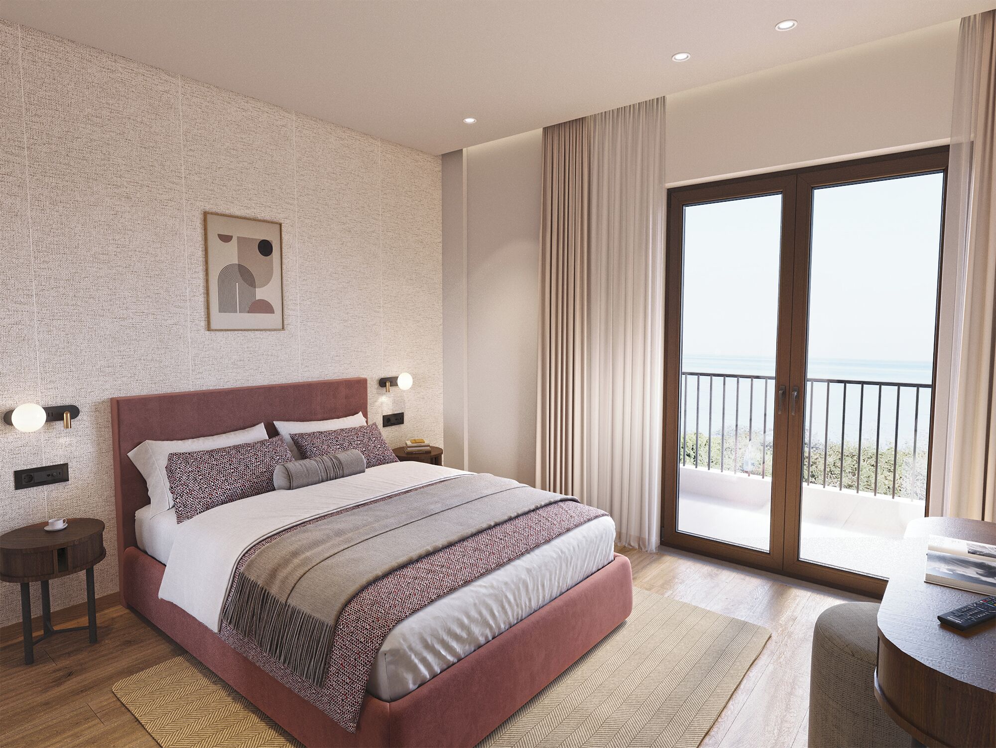 A bedroom with a large bed, a nightstand, a bedside table, a window with a view, and a door leading to a balcony.