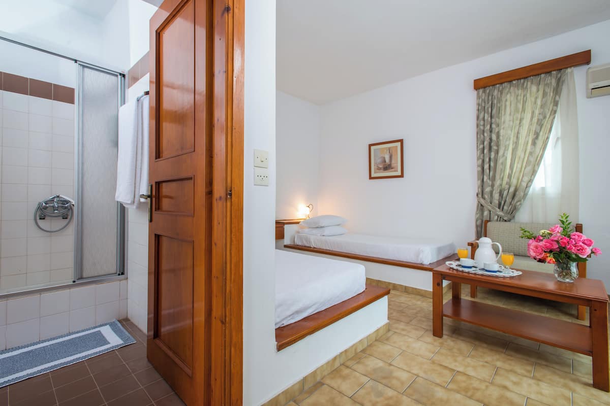A compact hotel room with a shower, a wooden door, a bed, a bedside table with a vase of flowers, and a small table with a pitcher and cups.