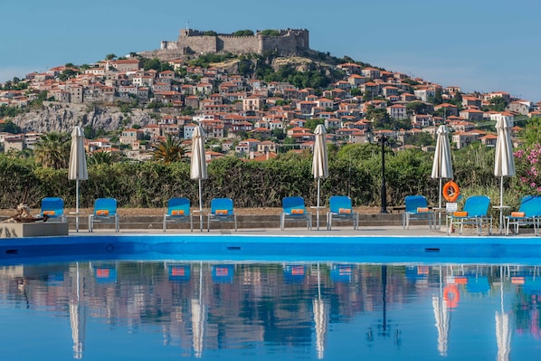 Outdoor pool, pool umbrellas, pool loungers