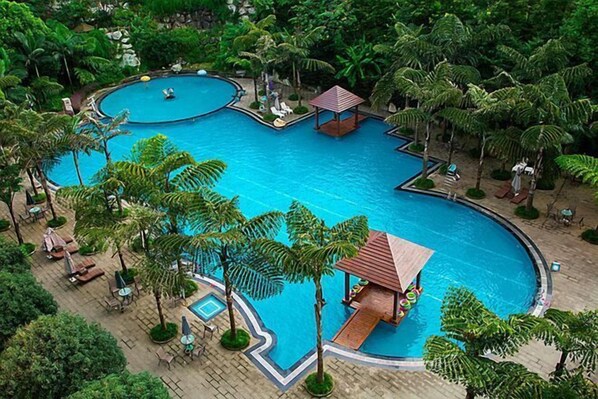 A large swimming pool with a unique heart-shaped design, surrounded by palm trees and lounge chairs.