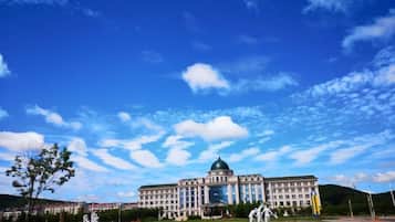 A large building with a dome, surrounded by a well-maintained lawn and statues.