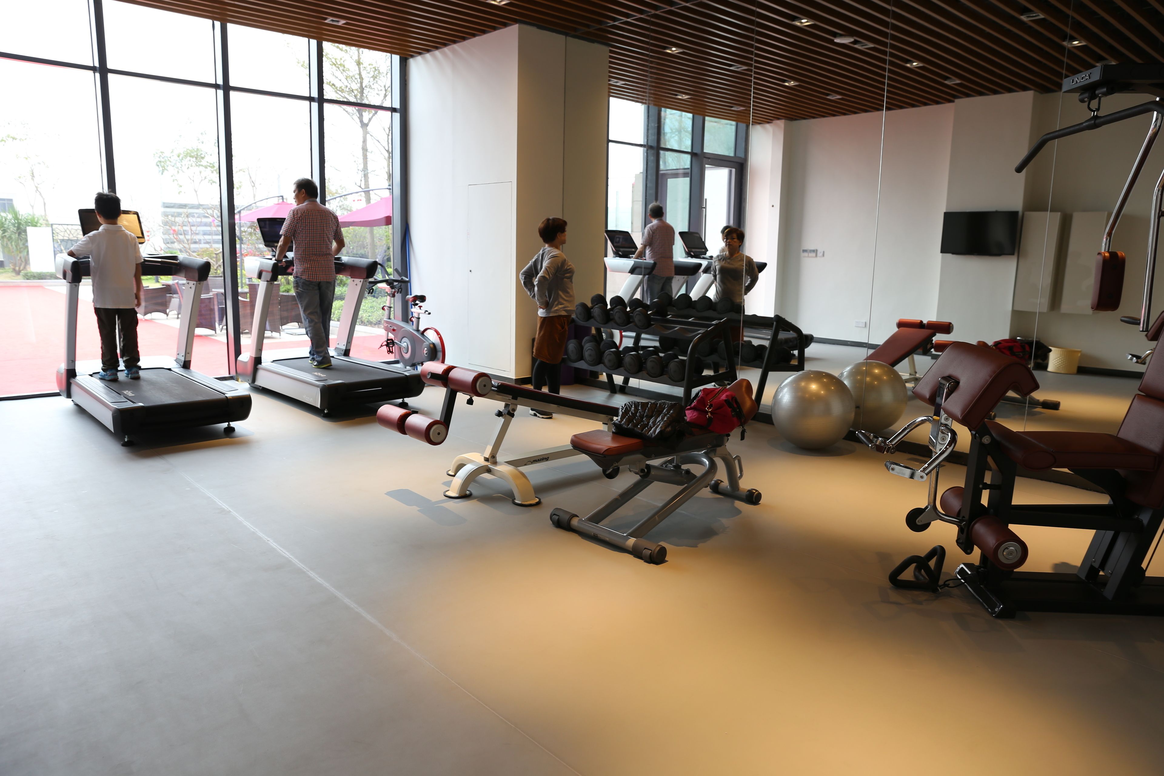 A gym with treadmills, weight machines, and dumbbells.