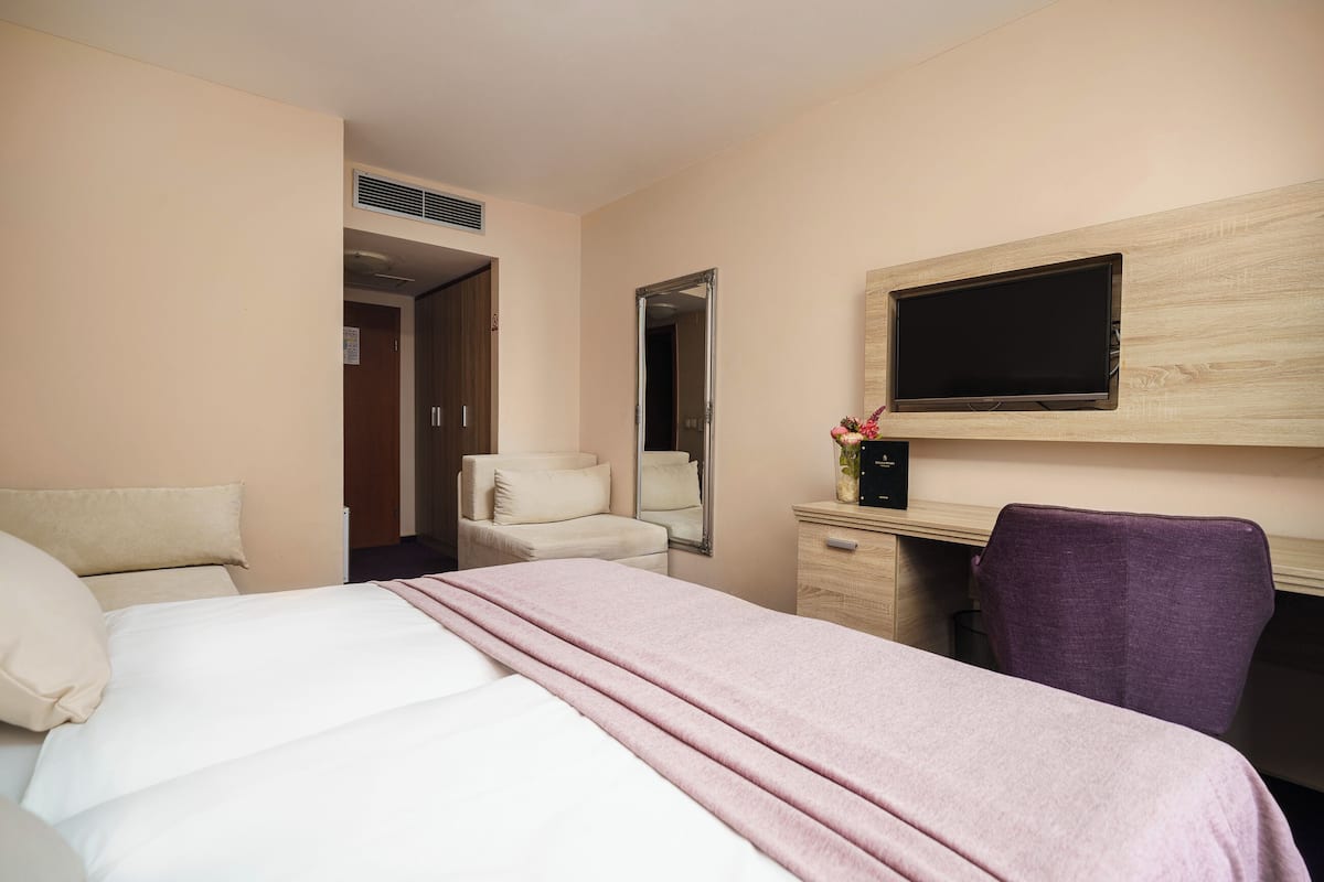 A hotel room with a bed, a desk, a chair, a TV, and a mirror.