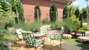 A patio area with a wooden deck, two green patterned chairs, a small table, and a brick wall in the background.
