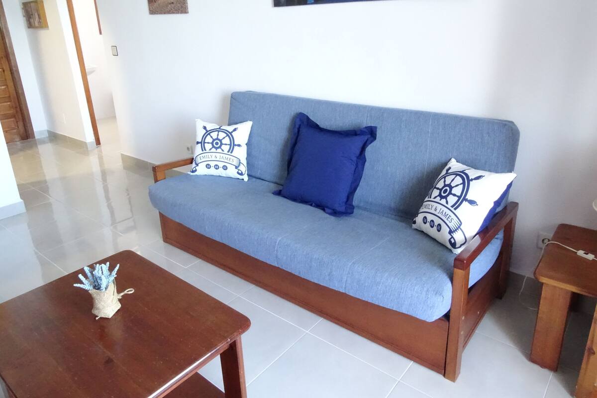 Un salon avec un canapé bleu, deux coussins assortis, une table basse en bois et une petite plante décorative.