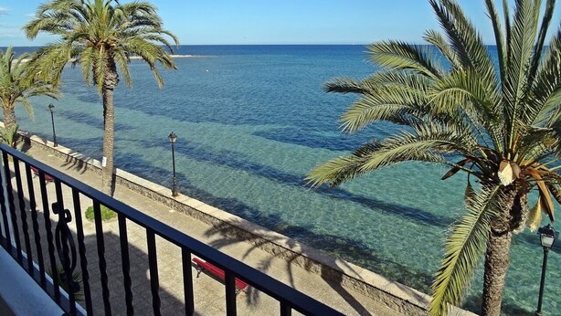 A balcony with a clear view of the sea and palm trees. - Apartamentos Mar Menor (San Javier)