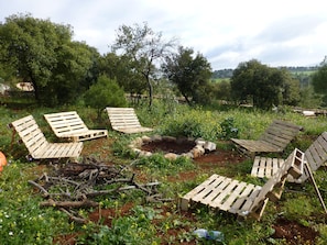Disposición circular de sillones de madera alrededor de una fogata en un entorno natural con árboles y vegetación.