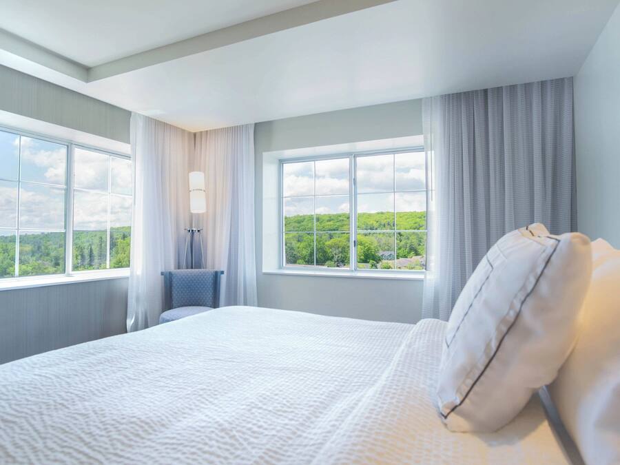 A hotel room with a large bed, two windows with curtains, and a view of greenery.