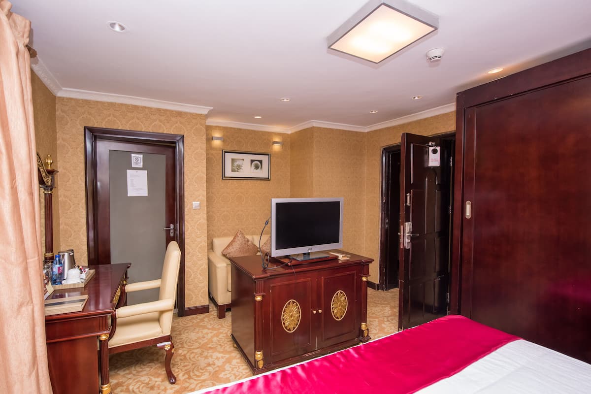 A hotel room with a bed, a desk with a computer, a chair, a television, and a wardrobe.