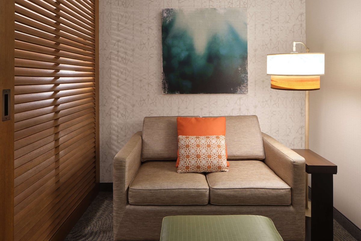 Een kamer met een bank, een kussen met een patroon, een lamp en een schilderij aan de muur.