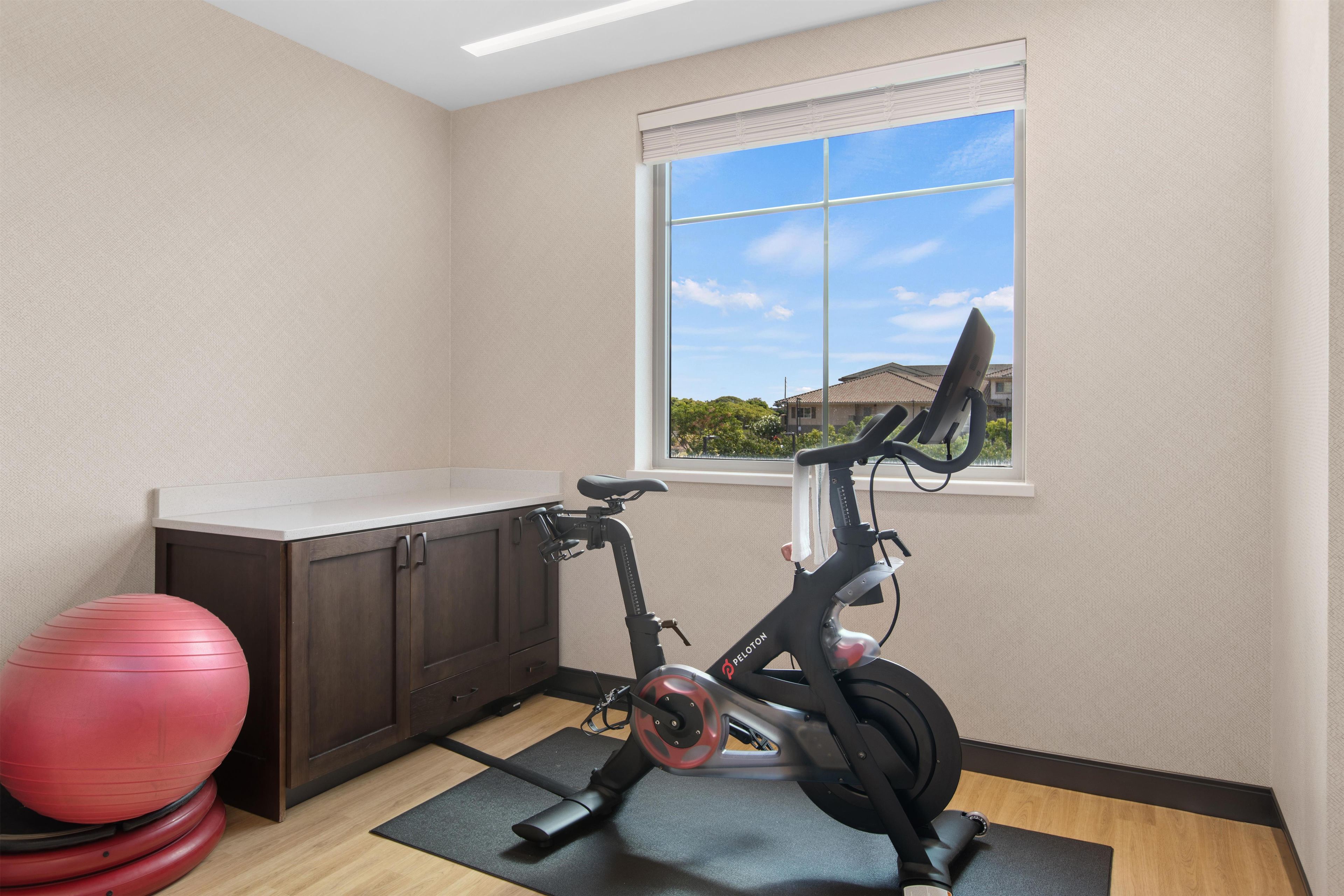 A room with a stationary bike, a red exercise ball, and a window with a view of houses.