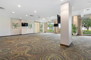 Una habitación amplia con alfombra estampada, ventanas grandes y un televisor de pantalla plana montado en la pared.
