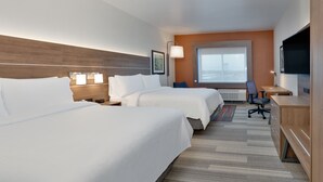 A hotel room with two beds, a desk, a chair, a TV, and a window with a view. - Holiday Inn Express & Suites Plano East - Richardson by IHG (Plano)