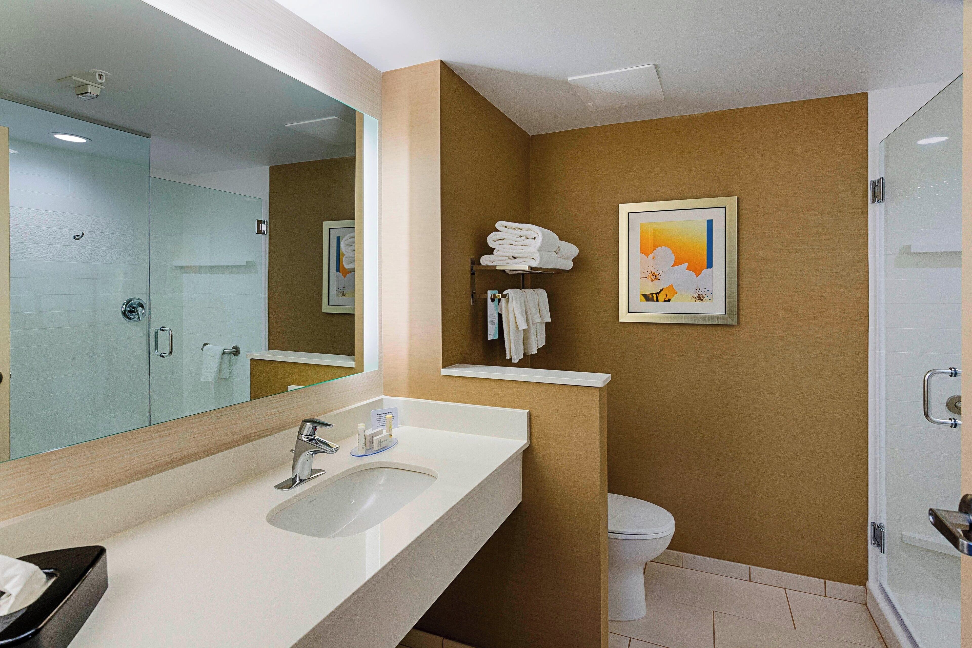 free toiletries, hair dryer, towels