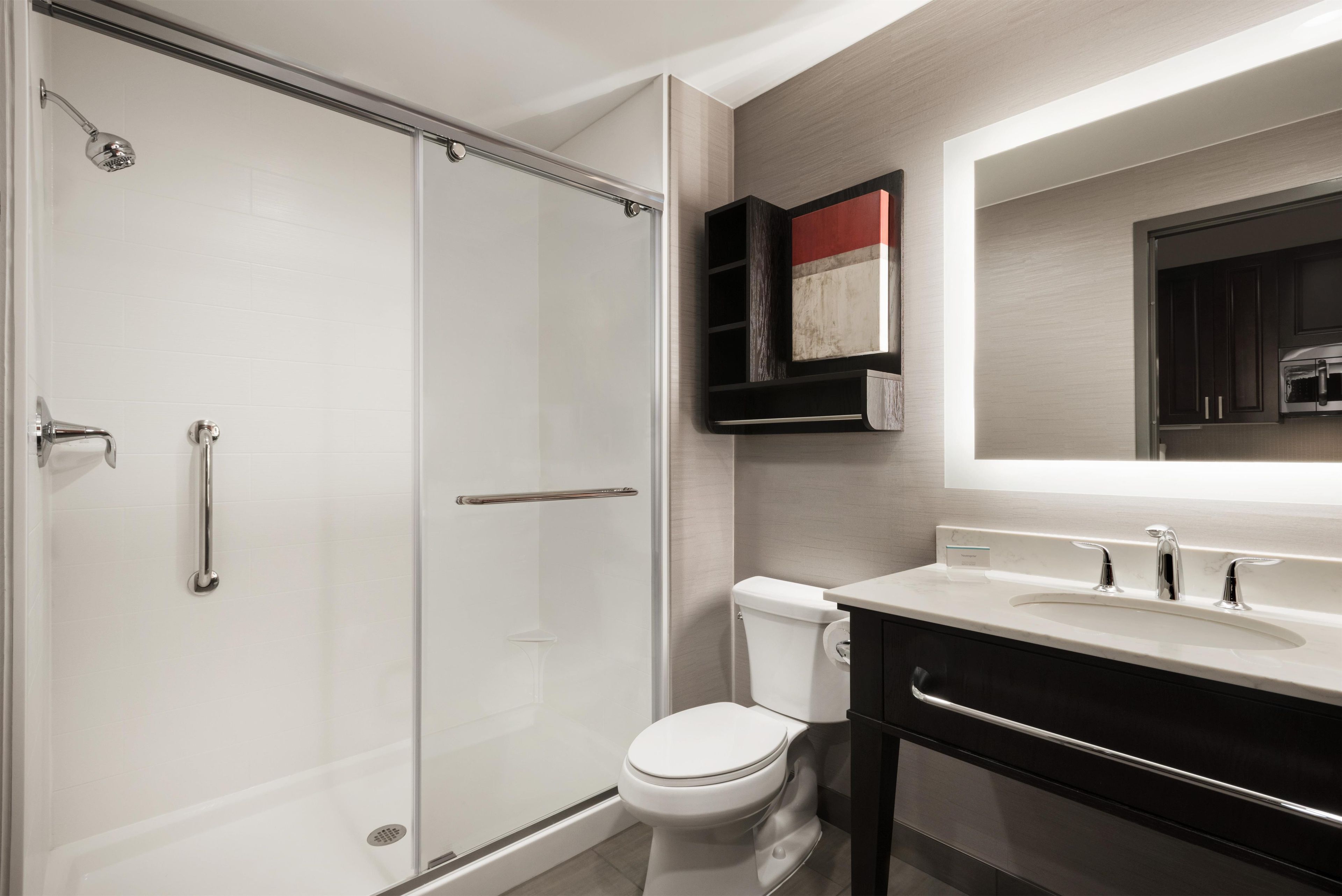 A modern bathroom with a glass-enclosed shower, a toilet, and a vanity with a mirror.
