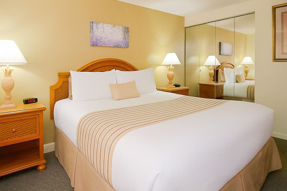 Een hotelkamer met een groot bed, twee nachtkastjes met lampen, een houten hoofdbord, een schilderij aan de muur en een spiegel.