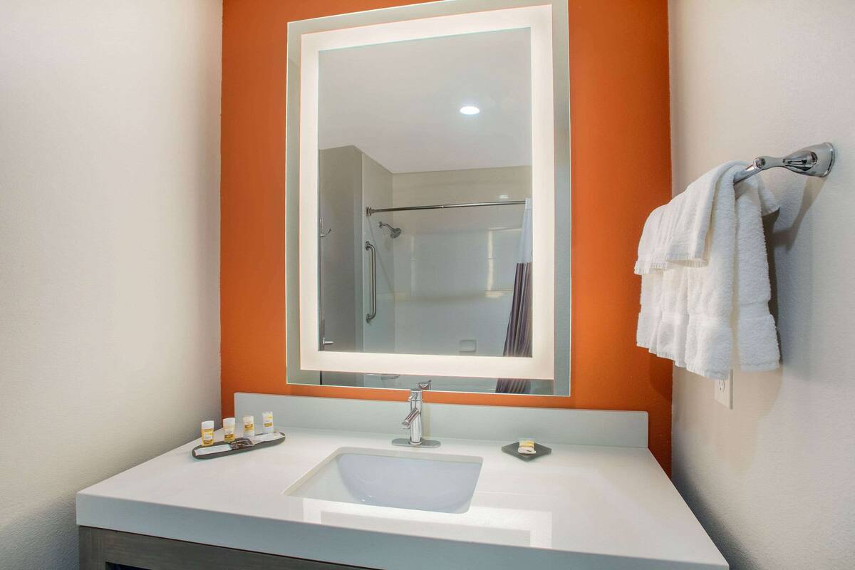 combined shower/bathtub, free toiletries, hair dryer, towels