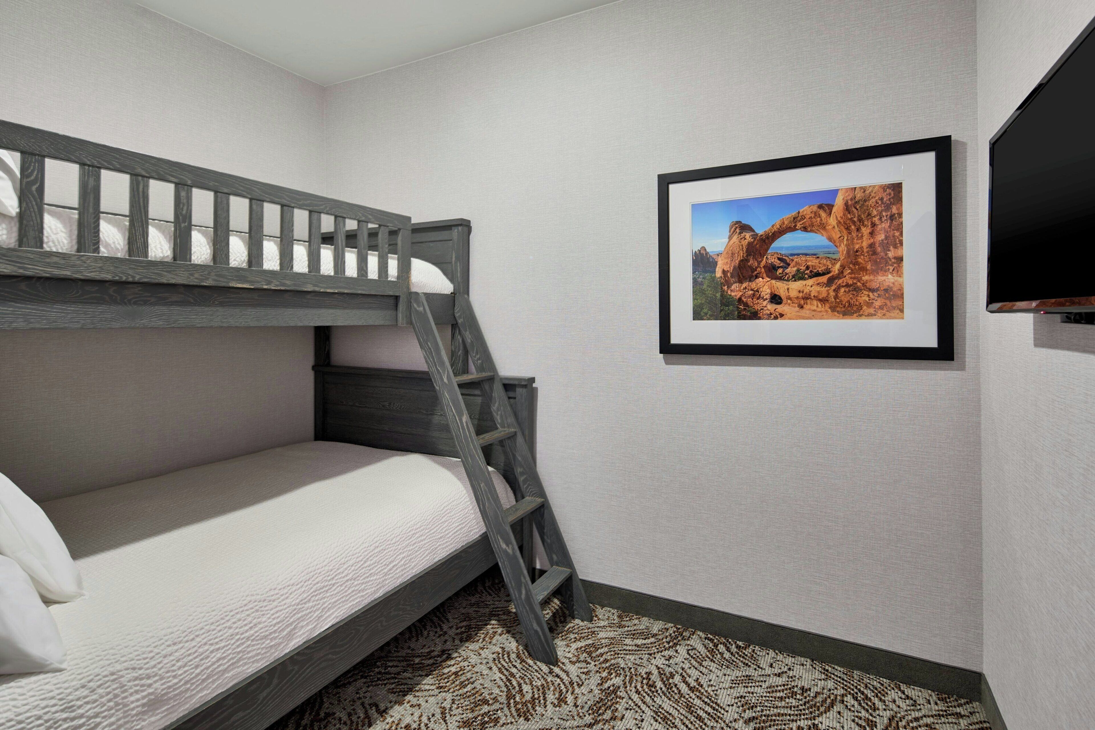A bunk bed with a ladder, a framed picture on the wall, and a flat-screen TV.