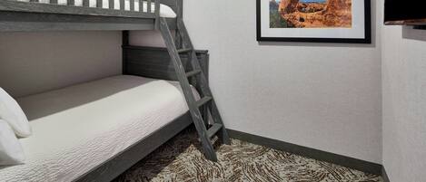 A bunk bed with a ladder, a framed picture on the wall, and a flat-screen TV.
