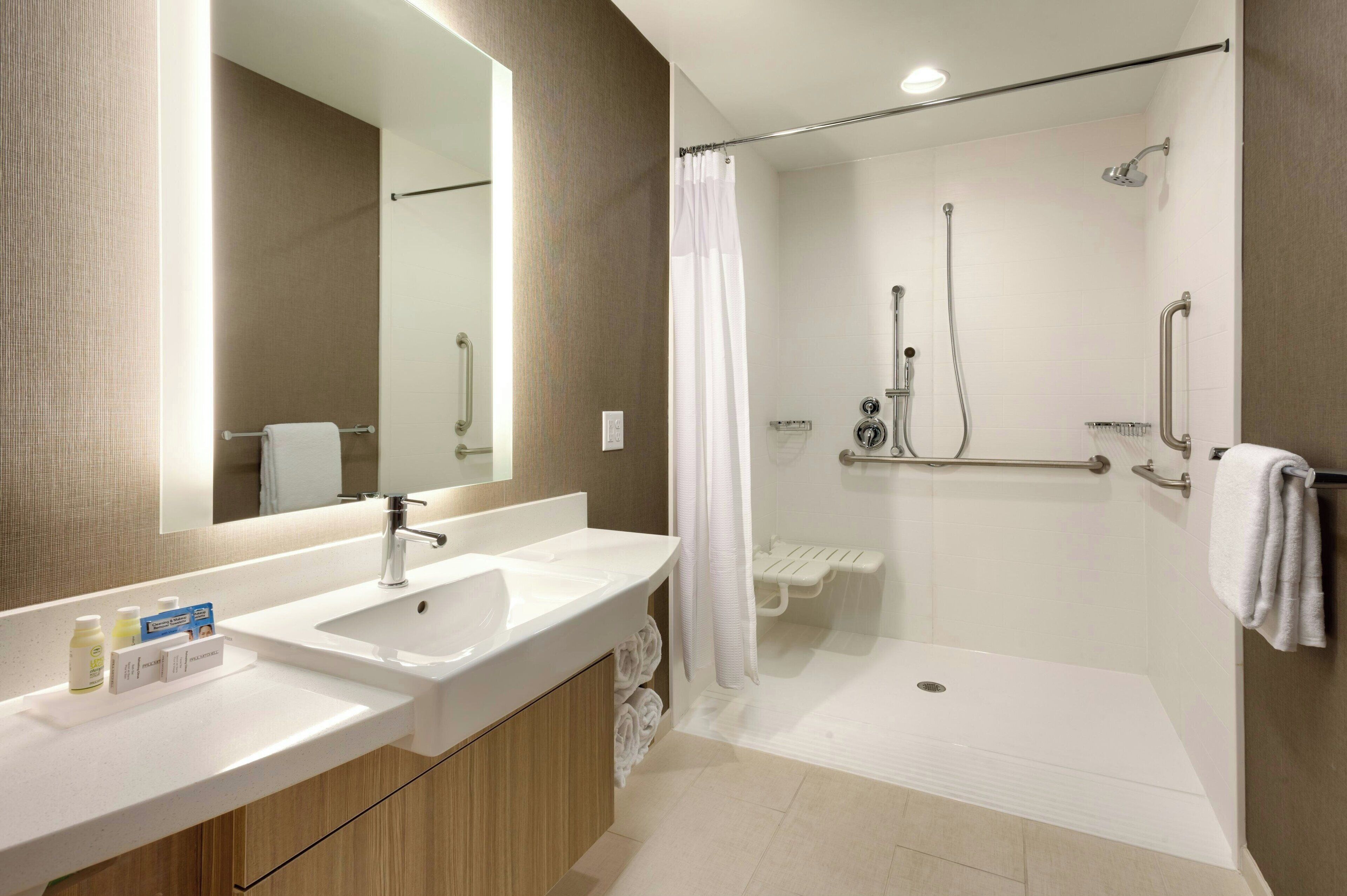 suite, 1 king bed with sofa bed (mobility accessible, roll-in shower) | bathroom | free toiletries, hair dryer, towels, soap