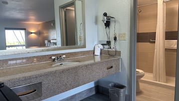 Hair dryer, towels, shampoo, toilet paper