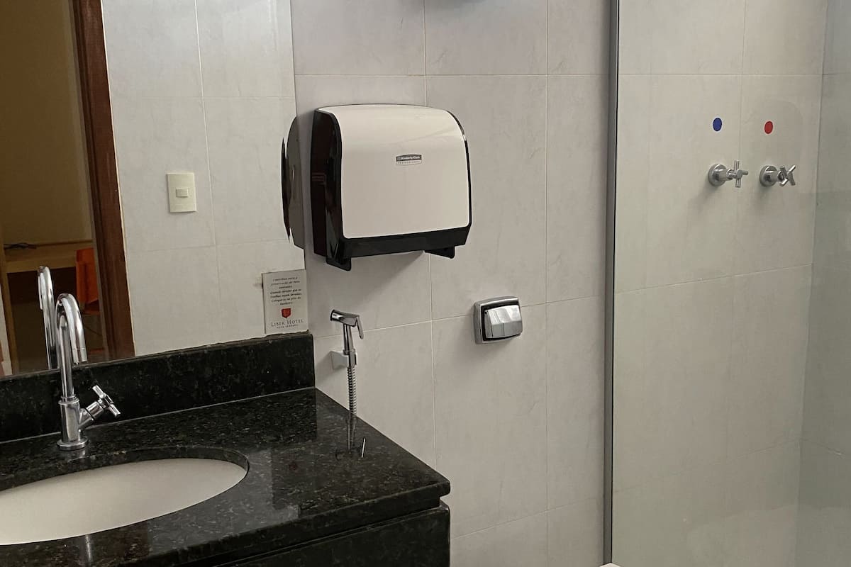 shower, free toiletries, hair dryer, towels