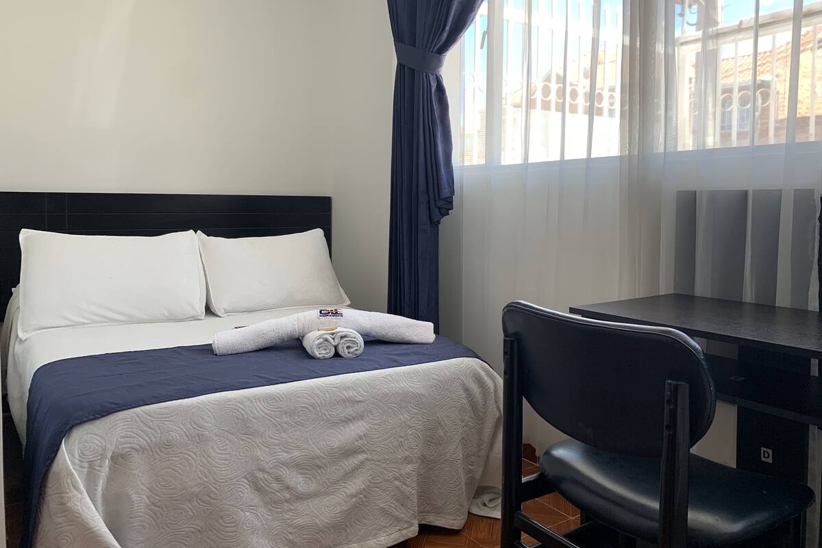 Una habitación de hotel con cama, escritorio y silla.