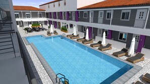 室外游泳池，日光浴躺椅