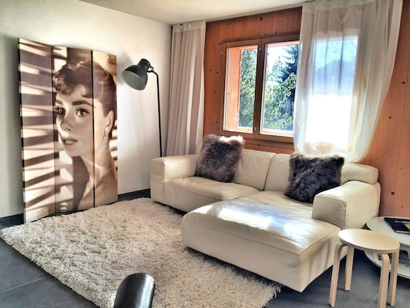 Apartment, 2 Bedrooms, Balcony | Living room | Flat-screen TV, fireplace