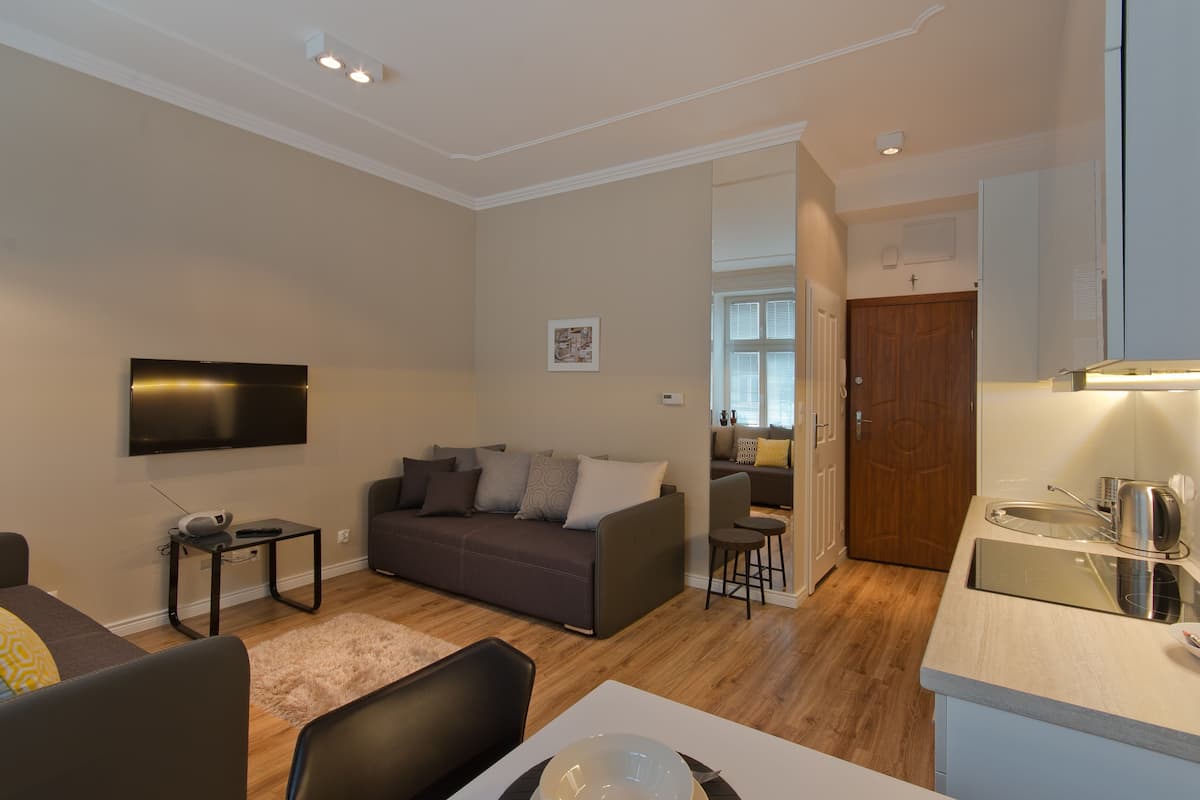 A modern living room with a sofa, a flat-screen TV, a dining table, and a kitchen area with a sink and stove.