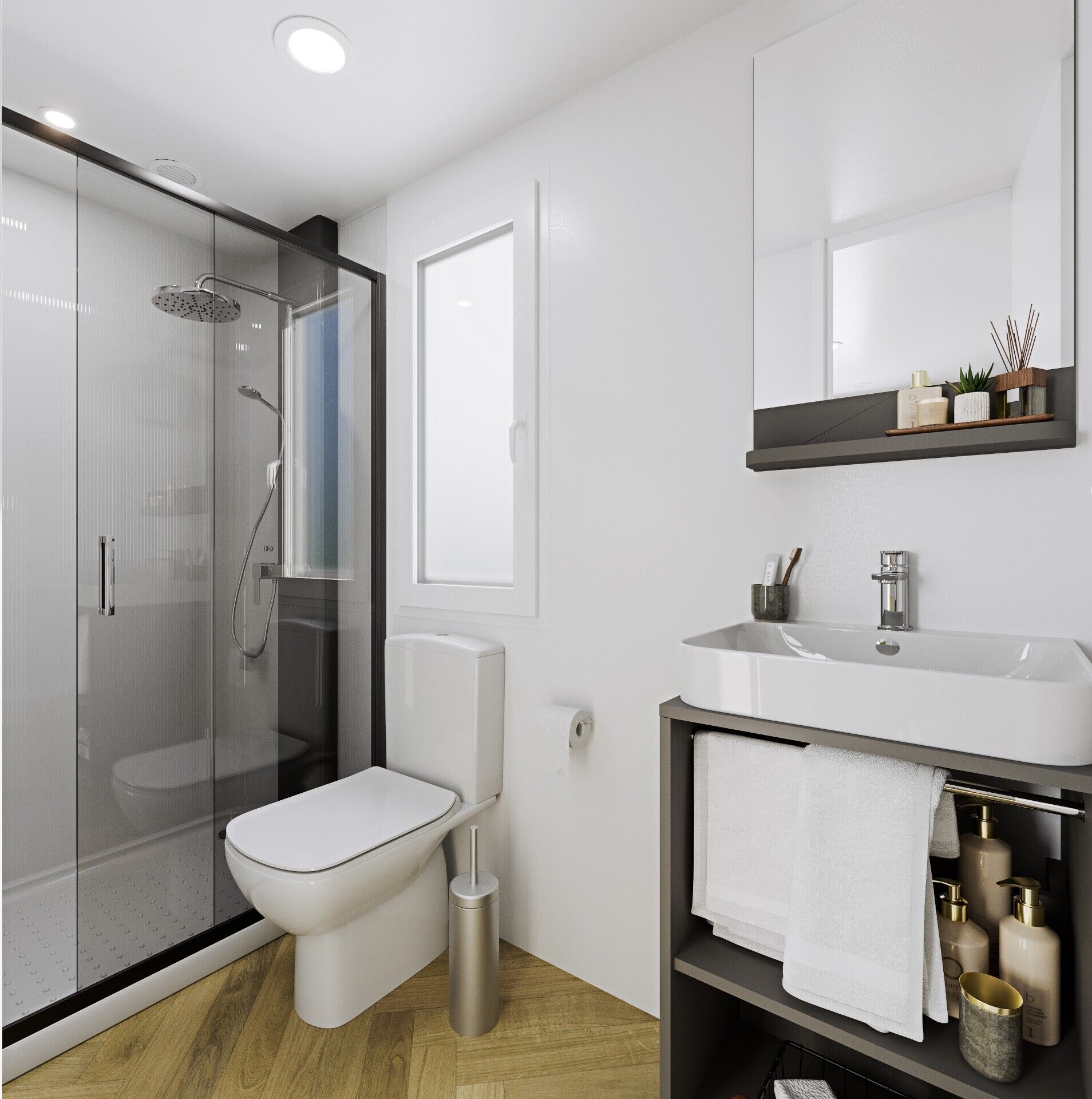 A modern bathroom with a glass-enclosed shower, a toilet, and a vanity with a sink and storage.