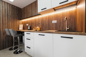 Estudi superior (Velyka Vasylkivska St, 85-87) | Cuina privada | Frigorífic, microones, placa de cuina i bullidora elèctrica