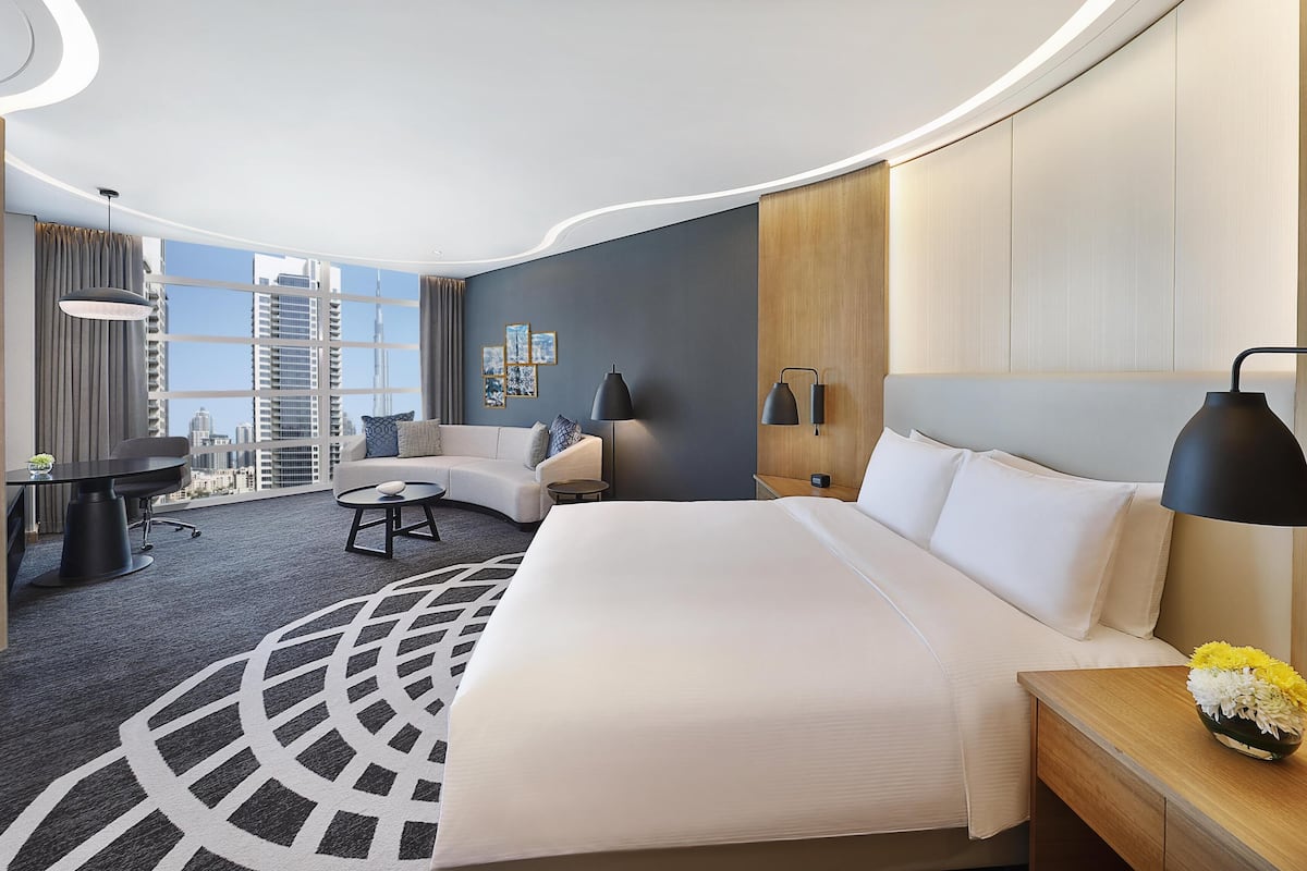 King Guest Room Burj Khalifa View | Living area | 49-inch flat-screen TV with digital channels, TV, pay films