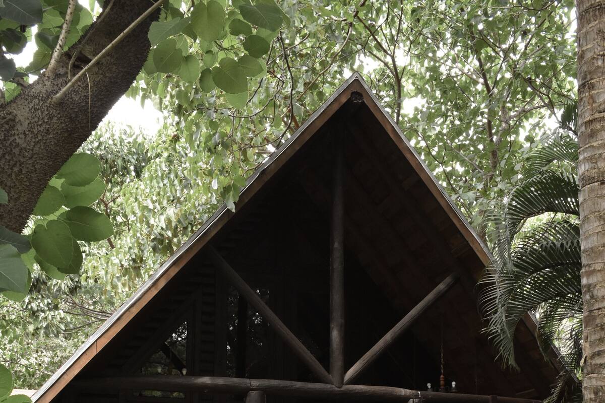 A rustic wooden cabin with a triangular roof, surrounded by lush greenery and a small patio area with a table and chairs.