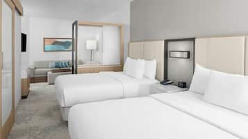 Desk, laptop workspace, iron/ironing board, free cribs/infant beds